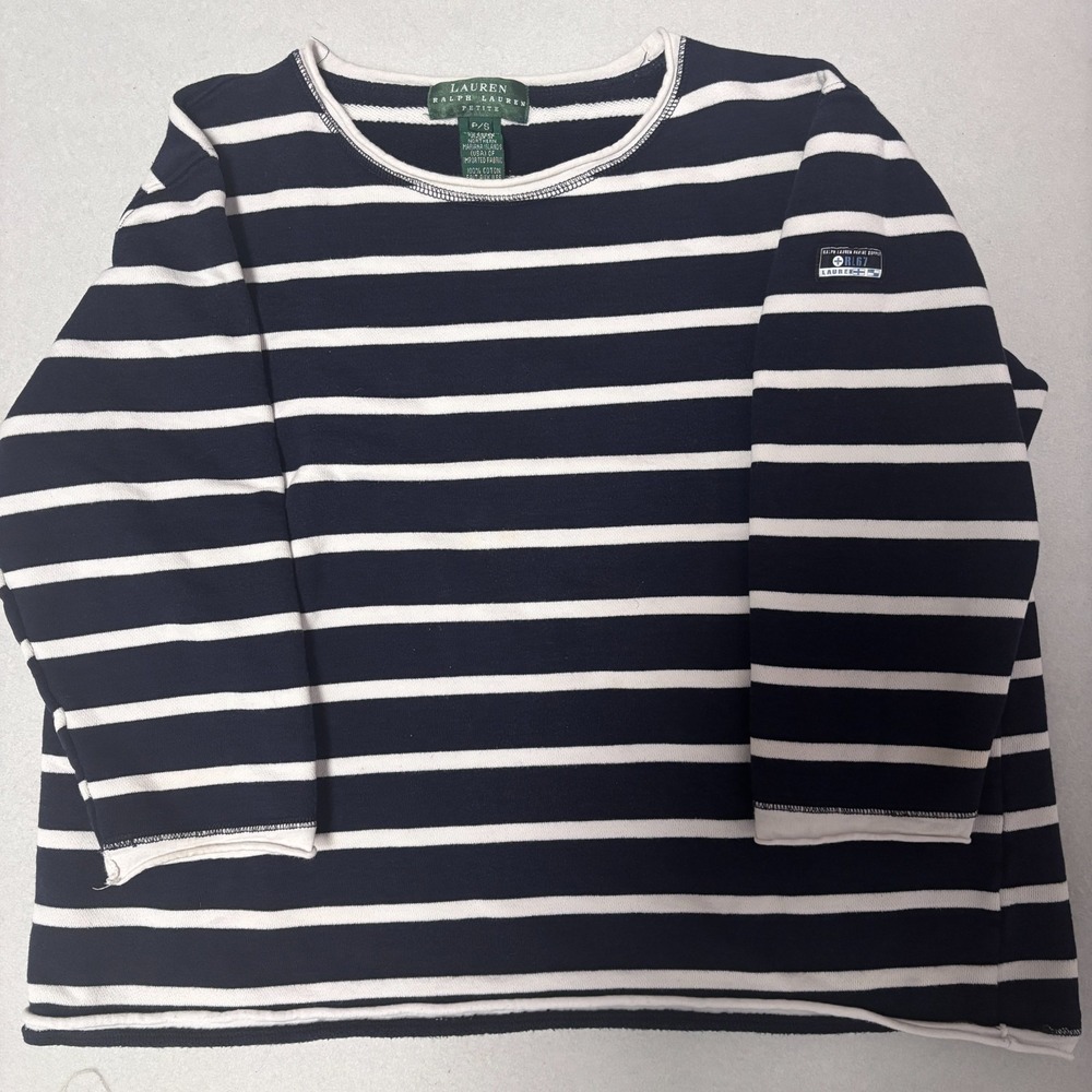 Lauren Ralph Lauren Petite S Navy White Striped 3/4 Sleeve Cotton Nautical Top - Picture 4 of 6